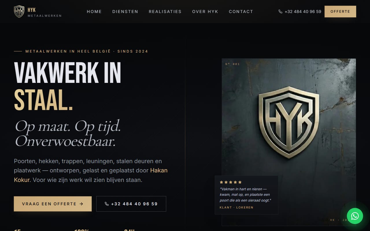 Screenshot van de HYK Metaalwerken website op desktop